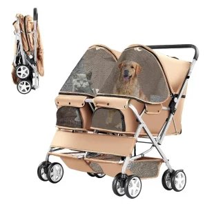 Pet Stroller, Foldable Stroller for 2 Dogs & Cats, Two-Seater Carrier Twin Dog Walk Jogger Travel Pet Carriage Cart