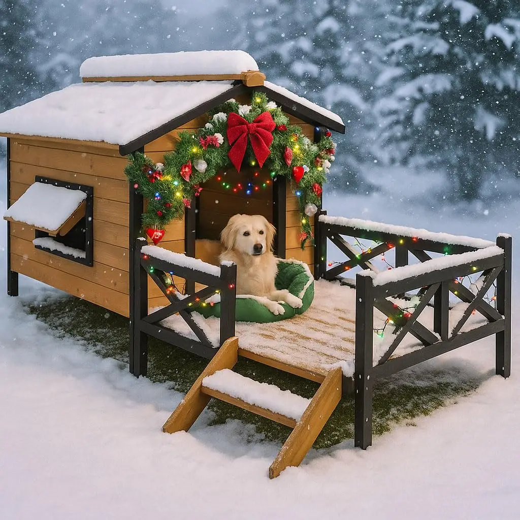 Large Wooden Dog House Weatherproof Elevated Outdoor Pet Shelter w/ Porch Deck 43.3"x69.9"x32.7", Custom - Image 3