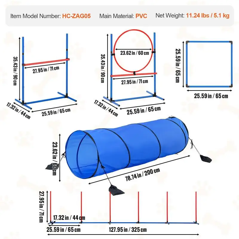 Dog agility training equipment, 5-piece set with adjustable high hurdles, 6 slalom poles, tunnel, jump ring, rest box, whistle, collapsible bowl, obstacle course set for puppies with storage bags - Image 16