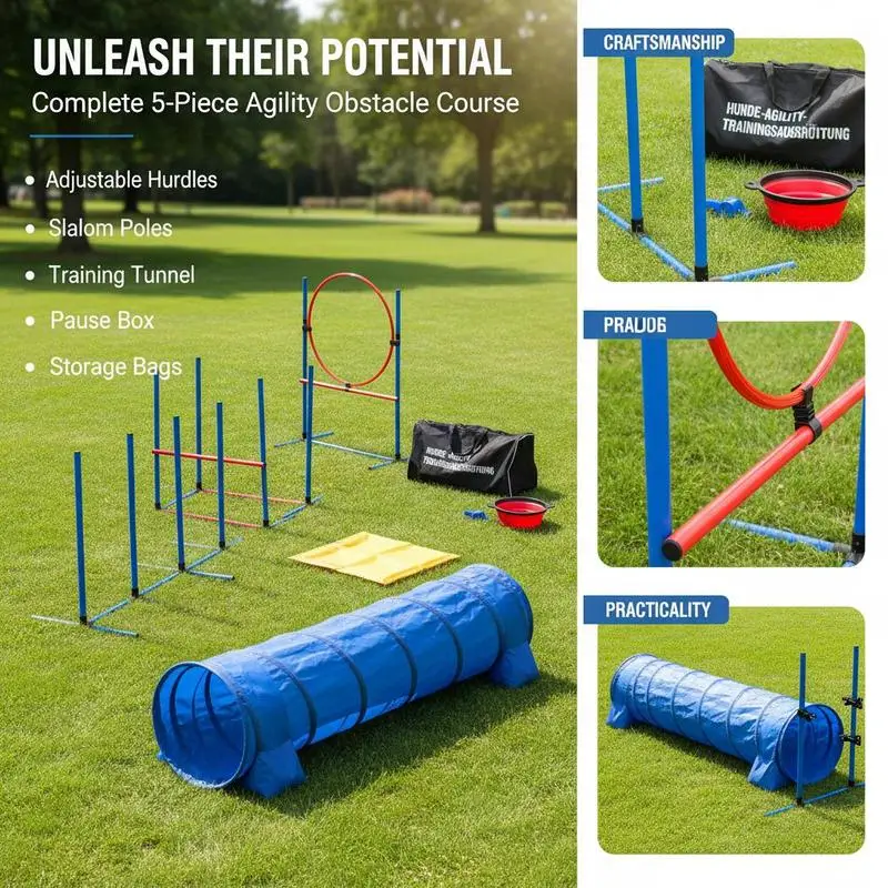 Dog agility training equipment, 5-piece set with adjustable high hurdles, 6 slalom poles, tunnel, jump ring, rest box, whistle, collapsible bowl, obstacle course set for puppies with storage bags - Image 2