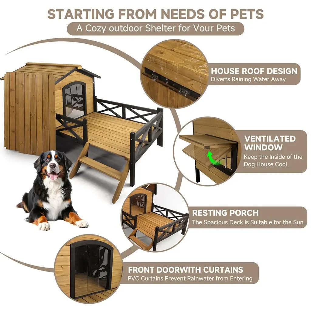 Large Wooden Dog House Weatherproof Elevated Outdoor Pet Shelter w/ Porch Deck 43.3"x69.9"x32.7", Custom - Image 11