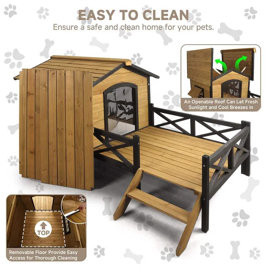 Large Wooden Dog House Weatherproof Elevated Outdoor Pet Shelter w/ Porch Deck 43.3"x69.9"x32.7", Custom - Image 10