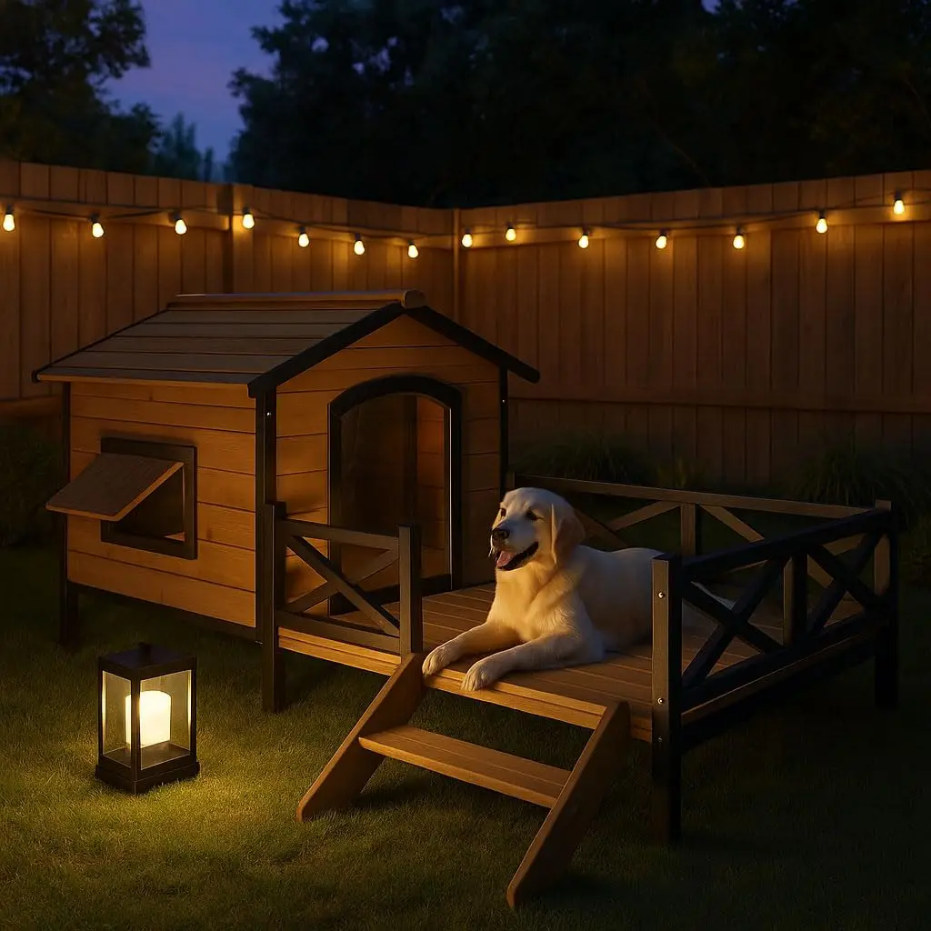 Large Wooden Dog House Weatherproof Elevated Outdoor Pet Shelter w/ Porch Deck 43.3"x69.9"x32.7", Custom - Image 12