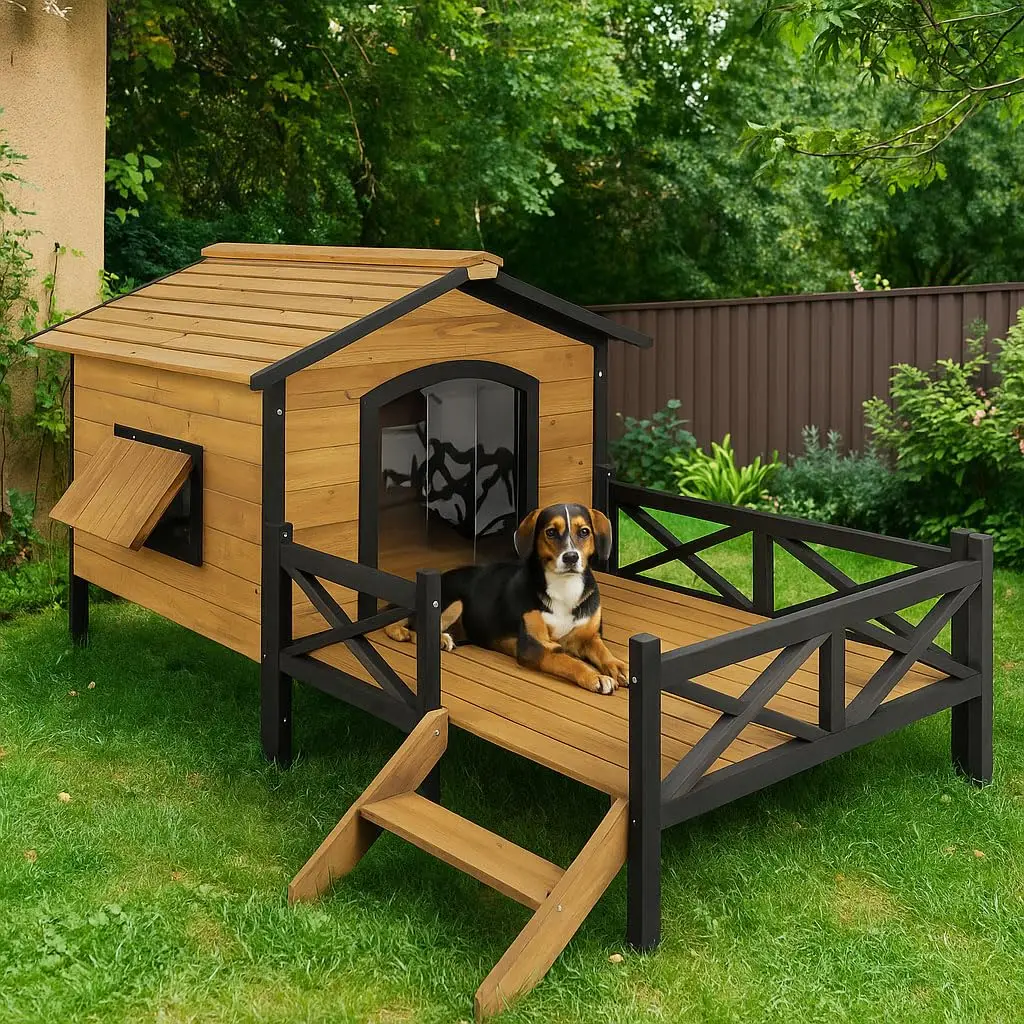 Large Wooden Dog House Weatherproof Elevated Outdoor Pet Shelter w/ Porch Deck 43.3"x69.9"x32.7", Custom - Image 13