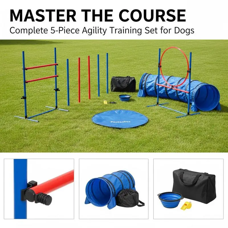 Dog agility training equipment, 5-piece set with adjustable high hurdles, 6 slalom poles, tunnel, jump ring, rest box, whistle, collapsible bowl, obstacle course set for puppies with storage bags - Image 6