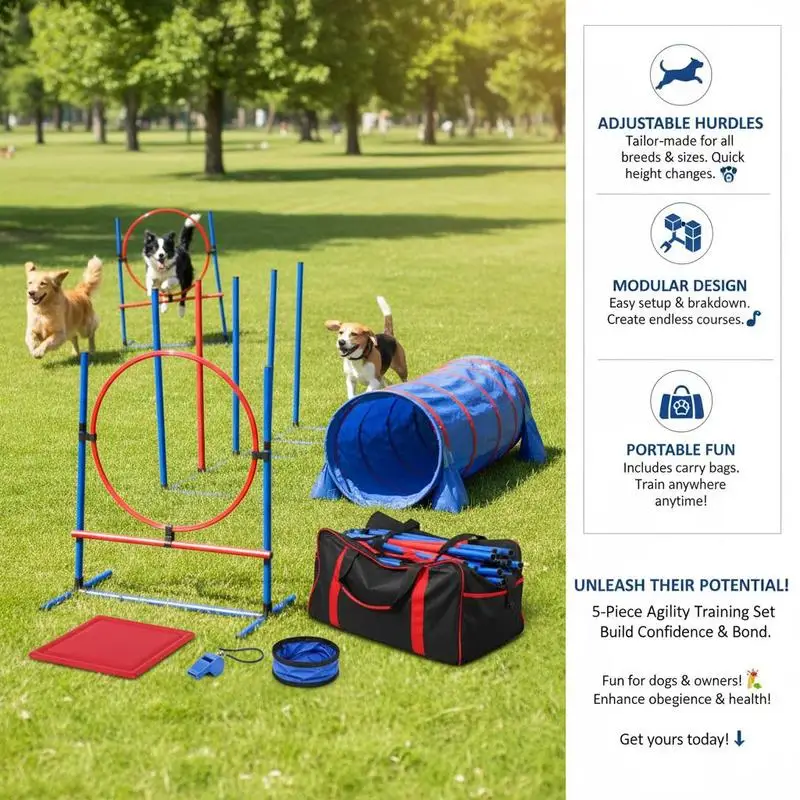 Dog agility training equipment, 5-piece set with adjustable high hurdles, 6 slalom poles, tunnel, jump ring, rest box, whistle, collapsible bowl, obstacle course set for puppies with storage bags - Image 12