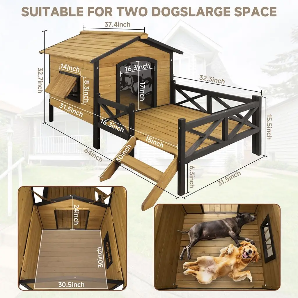 Large Wooden Dog House Weatherproof Elevated Outdoor Pet Shelter w/ Porch Deck 43.3"x69.9"x32.7", Custom - Image 2