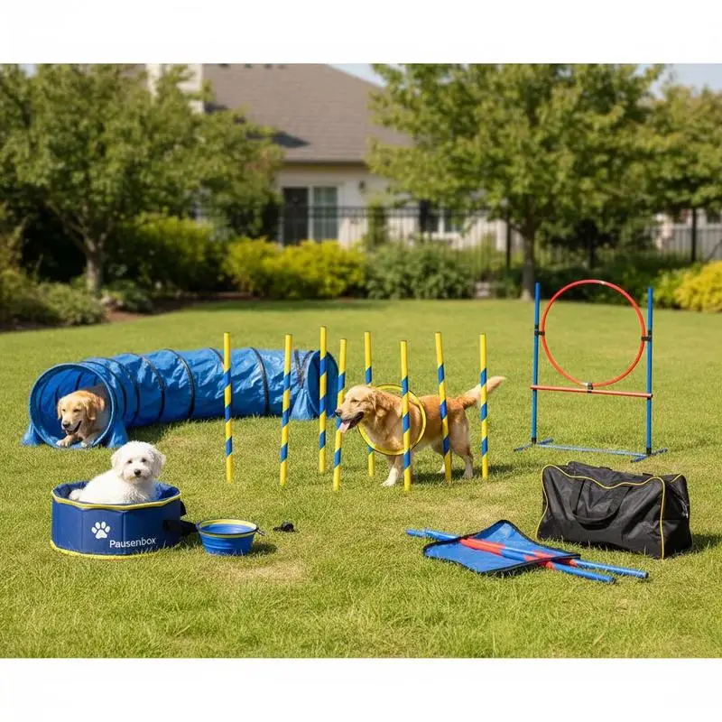Dog agility training equipment, 5-piece set with adjustable high hurdles, 6 slalom poles, tunnel, jump ring, rest box, whistle, collapsible bowl, obstacle course set for puppies with storage bags - Image 9