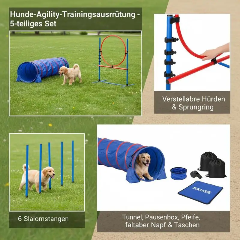 Dog agility training equipment, 5-piece set with adjustable high hurdles, 6 slalom poles, tunnel, jump ring, rest box, whistle, collapsible bowl, obstacle course set for puppies with storage bags - Image 13