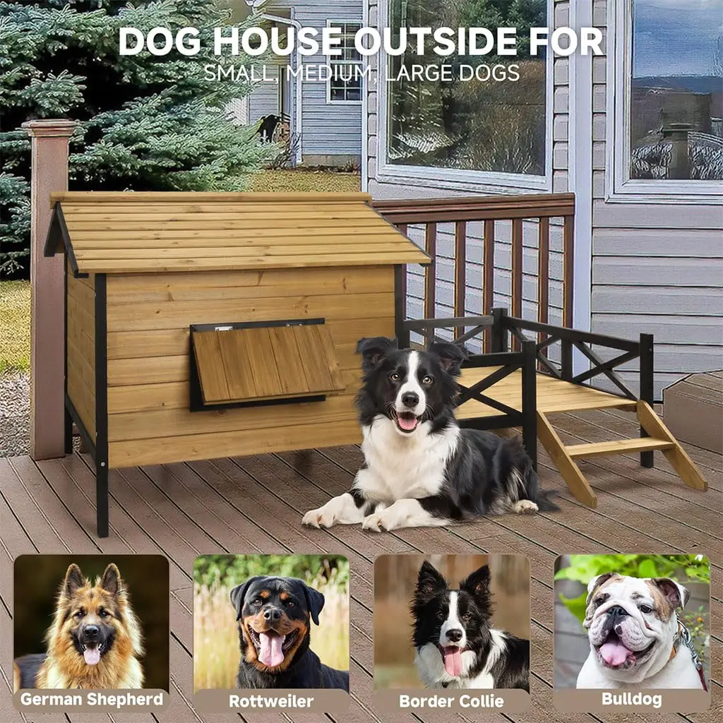 Large Wooden Dog House Weatherproof Elevated Outdoor Pet Shelter w/ Porch Deck 43.3"x69.9"x32.7", Custom - Image 14